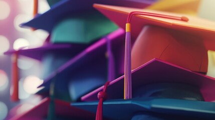 A stack of colorful graduation caps piled high against a soft-focus background