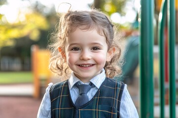 Child wearing a new school uniform, happy smile, playground background, bright daylight, front angle 1