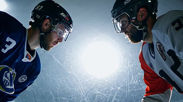 Close-up of two hockey players wearing helmets facing each other, intense focus before a match. video