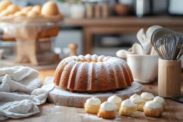 In the making of creamy bundt cake at kitchen. 