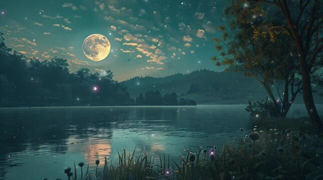 Calm lake reflecting glowing full moon under quiet night sky in peaceful landscape
Seamless looping 4k time-lapse virtual video animation Generated AI