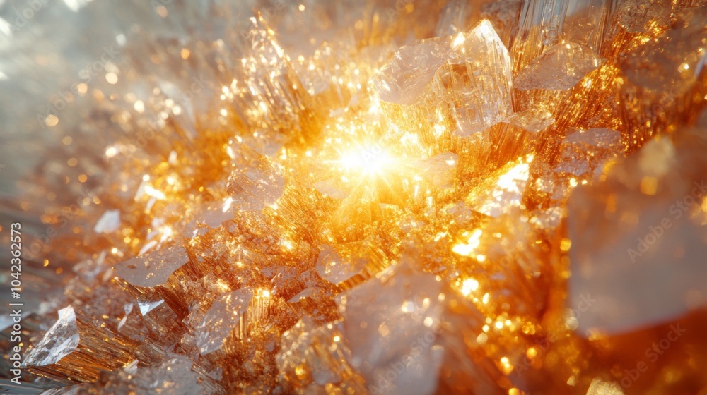 Poster Golden crystals sparkle and reflect light brilliantly, creating a captivating display of color and texture in a mineral-rich formation. The intricate details highlight natural beauty.