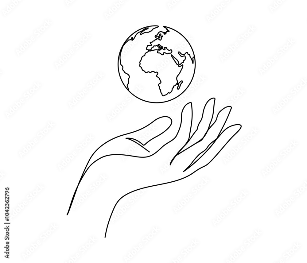 Aufkleber One continuous line drawing of hand holding Earth globe. World environment day poster in simple linear style. Protect and save planet concept in editable stroke. Doodle contour vector illustration