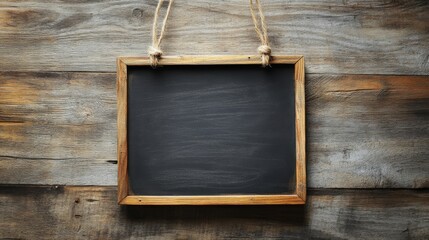 A blank chalkboard with a wooden frame hangs from twine on a rustic wooden wall.