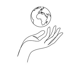 One continuous line drawing of hand holding Earth globe. World environment day poster in simple linear style. Protect and save planet concept in editable stroke. Doodle contour vector illustration