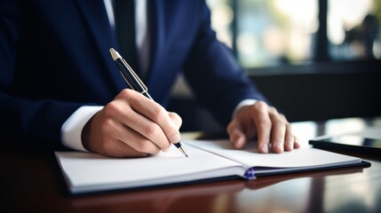 Businessman use pen to signing contract in modern office.