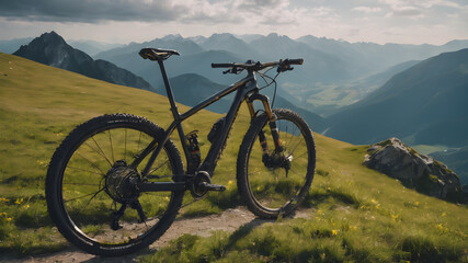 Obraz premium Outdoor sport activity. Mountain bike on the trail om mountain top.