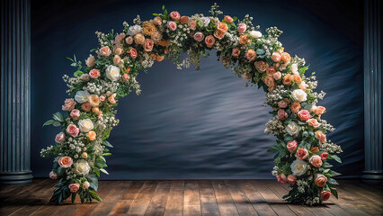 Beautiful wedding flower arch isolated on white background, free space for copy, festive atmosphere
