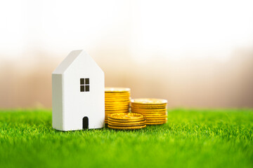 House and stacks of gold coins. Saving and conserving money on household bills. Home maintenance....