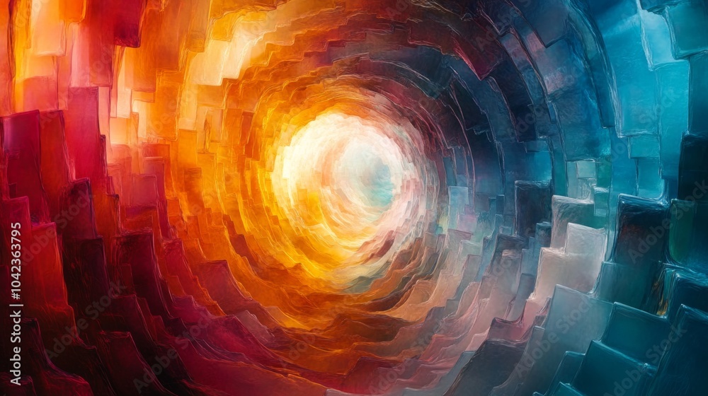 Poster A captivating display of swirling colors forms a vibrant vortex, blending warm oranges and cool blues, evoking depth and motion in an abstract design.