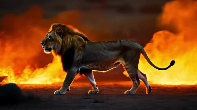 Adult lion confidently walks along fire and conflagration showcasing its resilience and power in the face of danger. Concept of fires in wild animal habitat. Slow motion.
