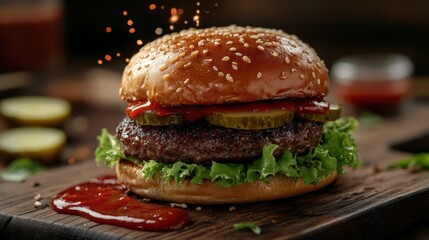 Savory Cheeseburger with Fresh Greens and Ketchup