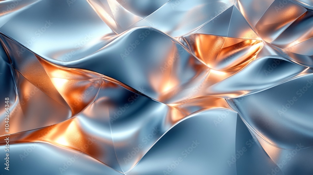 Poster Curved metallic surfaces undulate in intertwining waves, showcasing a captivating blend of copper and blue tones that reflect light and create depth.