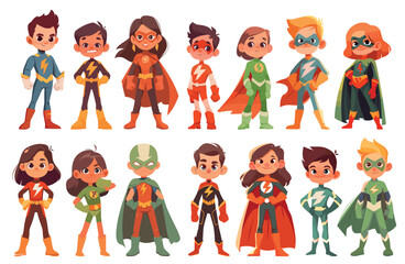 Cartoon kids in superhero costumes set. Boys and girls wearing mask capes, superpowers comic children party invitations vector illustration - obrazy, fototapety, plakaty