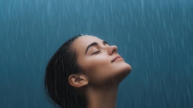 A woman standing in the rain, her face upturned, eyes closed, enjoying the feeling of the droplets