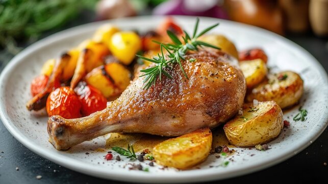 A delicious plate of duck confit with crispy skin and roasted vegetables, served with golden potatoes and fresh herbs on a rustic table