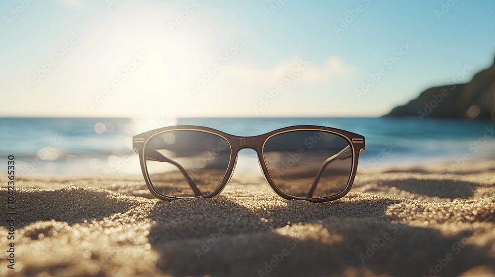 Wall mural a classic pair of sunglasses icon set against a sunny beach backdrop, celebrating leisure and relaxa