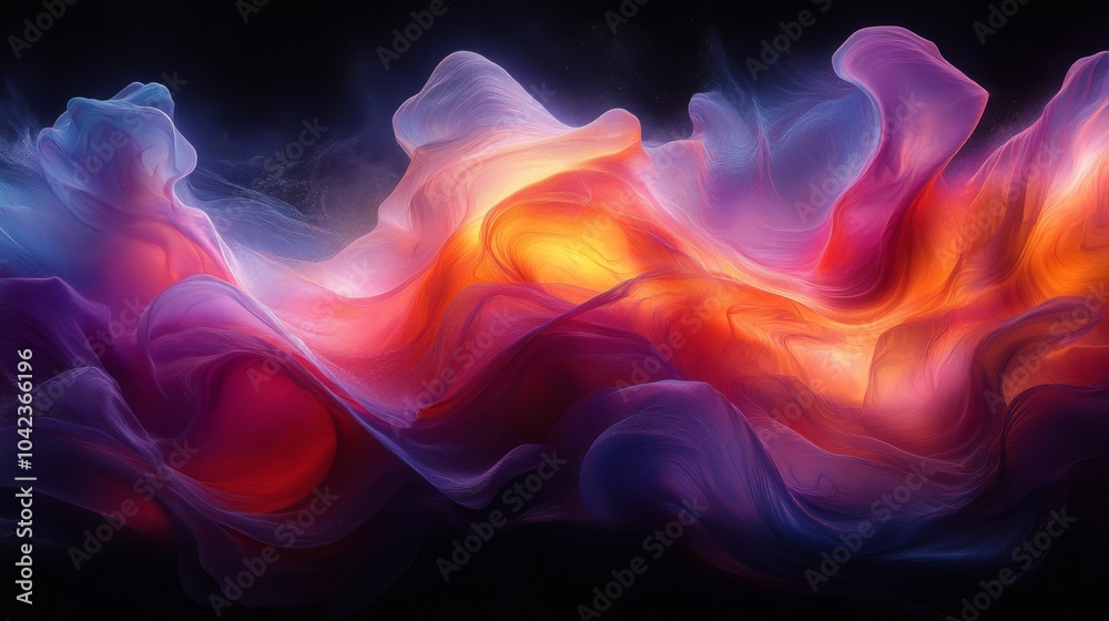 Poster A vibrant display of swirling, colorful waves dances in a dark setting, creating a captivating and surreal atmosphere filled with light and energy.
