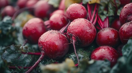 a lot of Freshly harvested beetroot with leafy greens on a textured surface of the earth