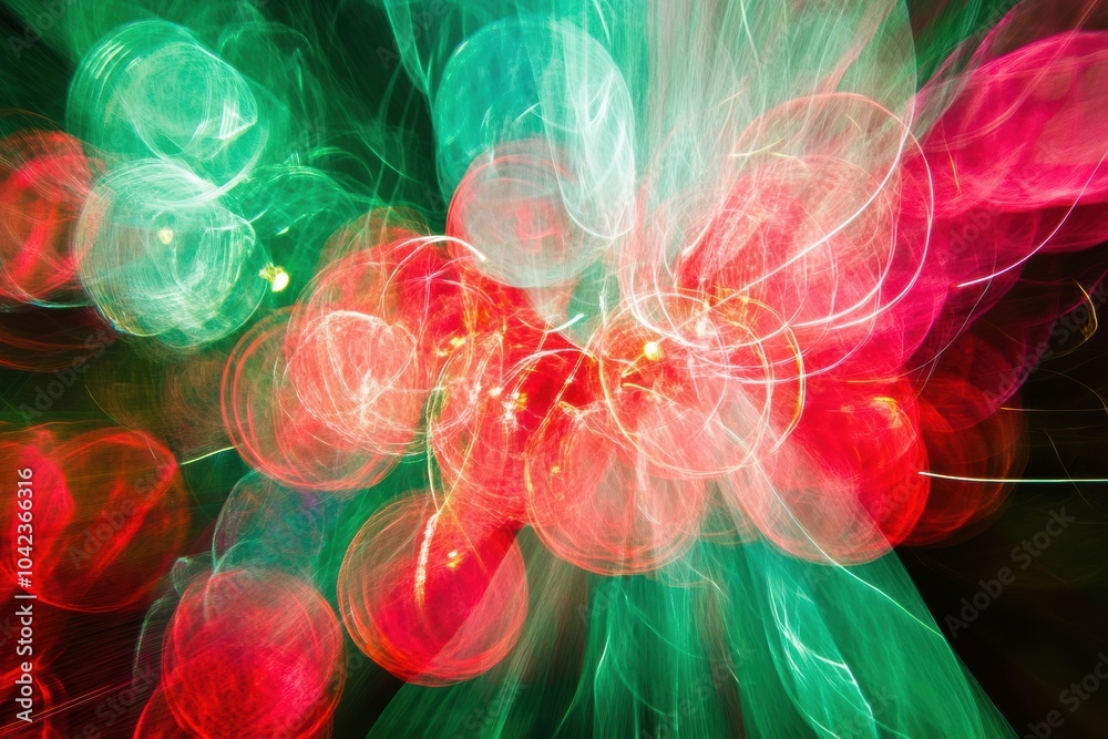 Poster Colorful bursts of red and green lights swirl together, creating an abstract display that captures the essence of Christmas cheer. Generative AI