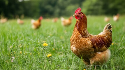 A brown hen stands in a grassy field with other hens in the background.