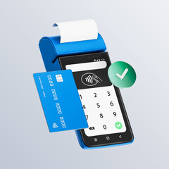 Contactless payment by credit card banking empty screen through the terminal 3d rendering on isolated white backround.