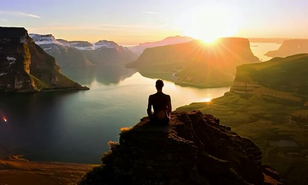 shot with peaceful fjord sunset: The camera starts by revealing a person meditating on a rocky outcrop overlooking a fjord at sunset. It cranes upwards to show the calm waters and the dramatic light o
