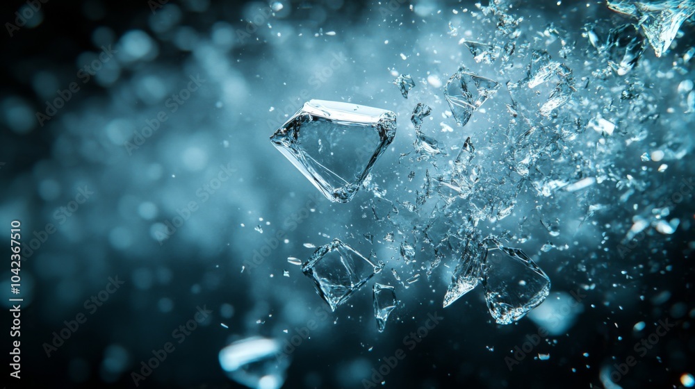 Poster Sharp shards of glass scatter through the air, creating a striking visual effect against a soft blue gradient background, emphasizing motion and fragility.