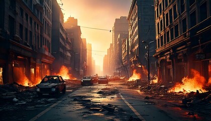 generative AI. Buildings badly damaged, collapsed buildings, full of fire and smoke. Illustration for International Day for Preventing the Exploitation of the Environment in War and Armed Conflict