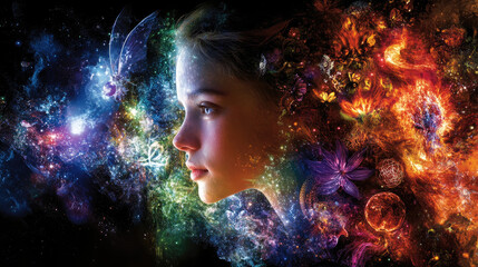 A girl’s profile emerges amid a swirl of vibrant cosmic colors, flowers, and ethereal creatures, representing a world full of dreams and creativity