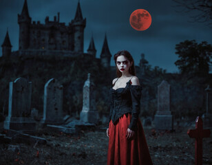 Obraz premium Mysterious woman in gothic attire at a haunted graveyard under a blood moon. Generated AI.