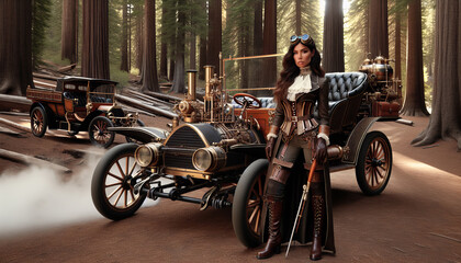 Obraz premium Steampunk woman with vintage car in a forest setting. Generated AI.