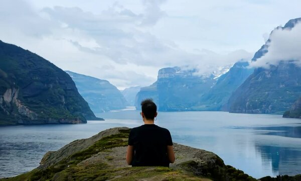 Dolly shot with tranquil fjord scene: The camera starts with a detailed view of a person meditating on a rocky outcrop overlooking a serene fjord. It dolly&rsquo;s backward to reveal the calm waters and dis