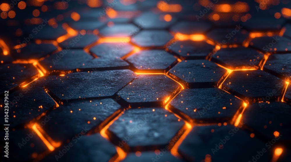 Poster This captivating pattern features interlocking hexagons with glowing orange edges, creating a mesmerizing effect against a dark background, evoking a sense of depth and intrigue.