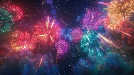 Fototapeta premium A colorful array of fireworks bursting simultaneously, filling the sky with vibrant trails of light