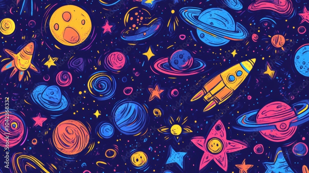 Poster vivid cosmic-themed doodles of planets, stars, rockets, and asteroids create an imaginative universe
