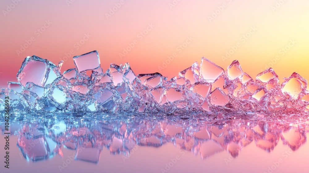 Poster A collection of clear ice cubes is arranged on a reflective surface, catching the warm colors of a sunset, creating a tranquil and beautiful atmosphere.