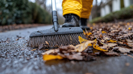 Fototapeta premium A person in yellow rain gear sweeps wet leaves off a sidewalk during a rainy day in a quiet residential neighborhood
