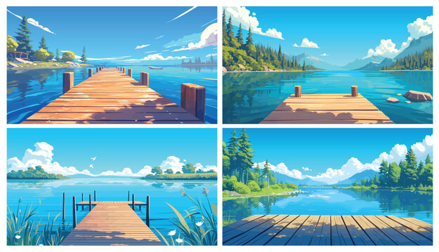 Cartoon pier on lake set. Pond or river landscape with wooden bridge and forest, fishing place vector illustration