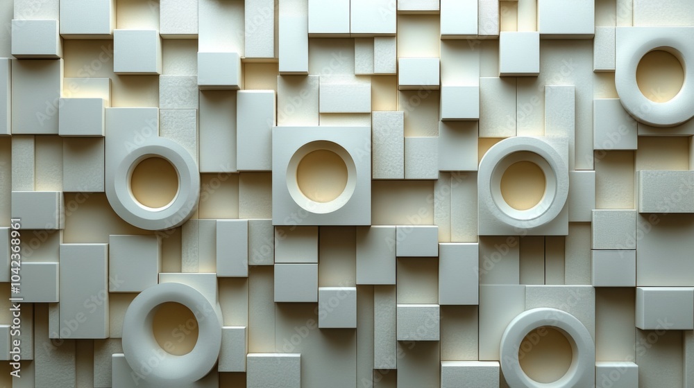 Poster The composition showcases a textured wall with assorted white geometric shapes, including rectangles and circles, creating a modern artistic effect in the environment.