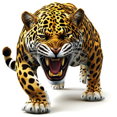 Obraz premium Jaguar's Ferocious Stare: A majestic jaguar, its powerful muscles tensed, snarls fiercely, its sharp teeth bared in a primal display of raw power.