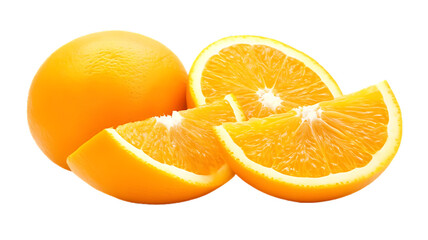 Juicy Orange Slices: A whole orange and two juicy slices, capturing the vibrant color and freshness of this citrus fruit. Perfect for healthy eating, beverage, and food concepts. 