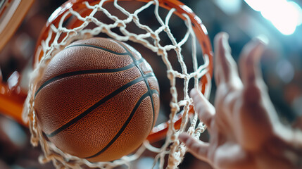Fototapeta premium Basketball ball soaring through the hoop during the game. A basketball is captured in mid-air as it soars the hoop, showcasing the thrill of the game.