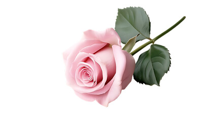 Pink Rose Elegance: A single, delicate pink rose with lush green leaves, blooming in graceful perfection. This photo evokes love, beauty, and romance, with its soft pastel hue and delicate petals.  