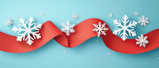 A festive composition featuring a red ribbon and white snowflakes on a light blue background, evoking a cheerful winter or holiday theme.