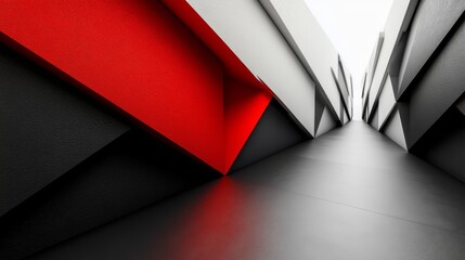 Bold geometric shapes of black, white, and red angles create a striking architectural pathway, illuminated by natural light from above, drawing the eye forward.