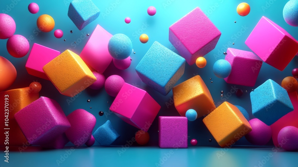 Aufkleber a variety of geometric shapes, including cubes and spheres, hover in a dynamic arrangement against a