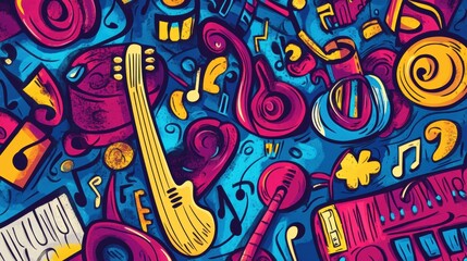 Obraz premium A colorful array of music-themed doodles showcases instruments, notes, and sound waves, celebrating the joy of music in a playful manner. Generative AI