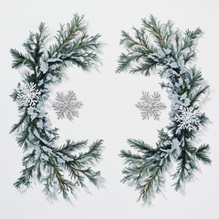green pine leaves and snowflakes on a white  background.Minimal creative Christmas holiday concept.Flat lay 