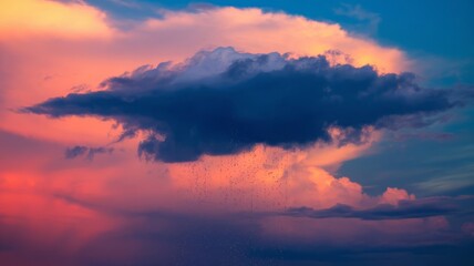 Dark cloud filled with visible raindrops against a blue sky background. The cloud is surrounded by a vibrant orange and pink sky